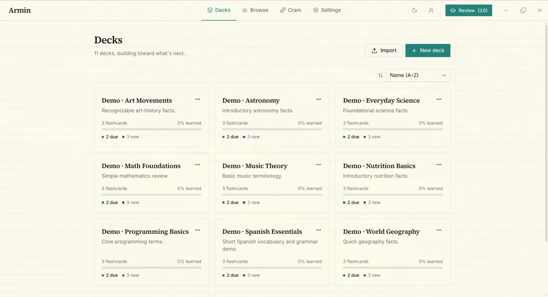 Armin homepage showing the Decks list with demo decks, due counts, and a New deck button