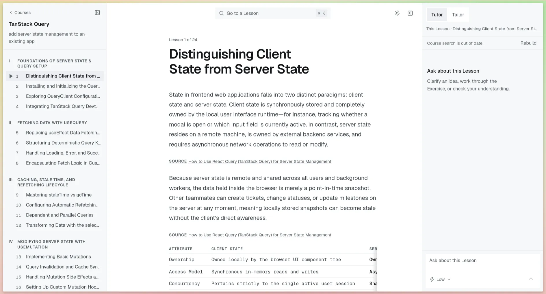 Generated Mikasa lesson with the course outline on the left and the Tutor panel on the right